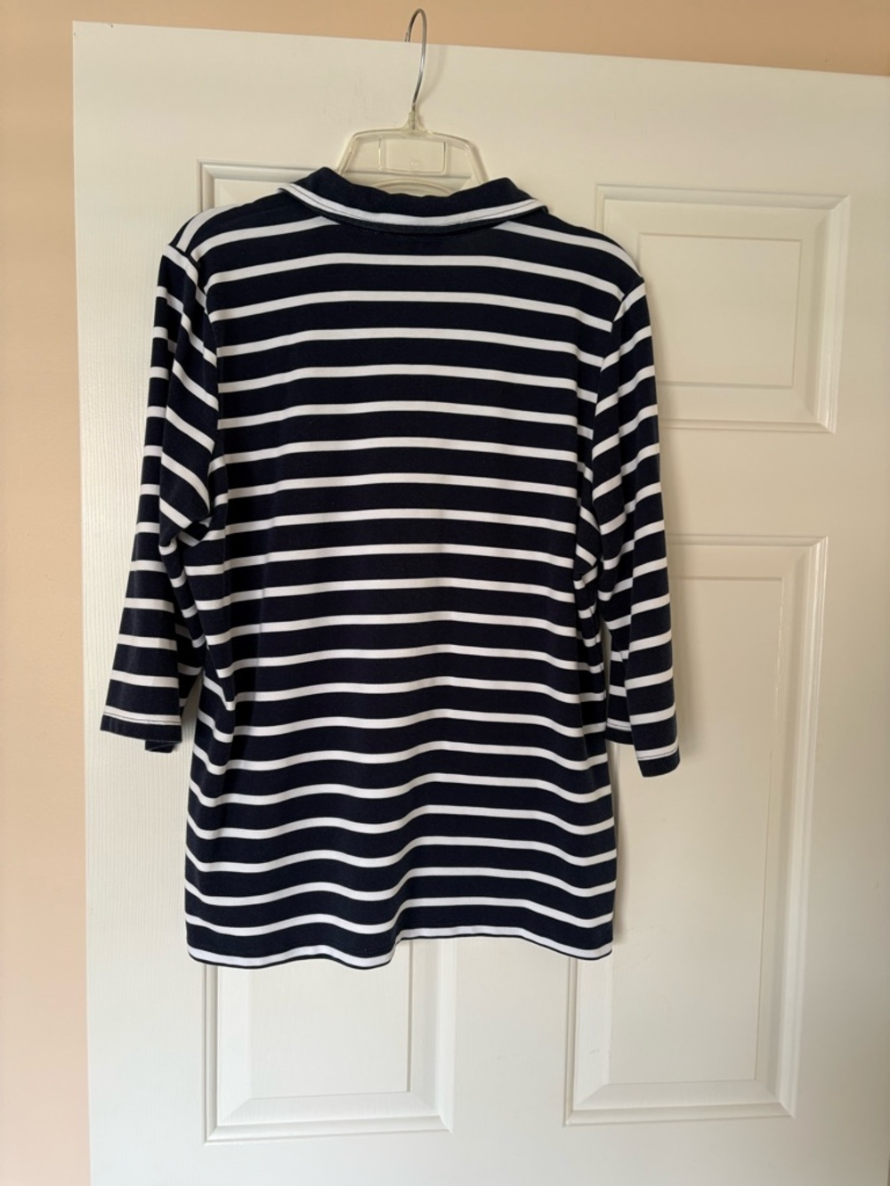 Striped Navy & White 3/4 Sleeve Polo Top - Picture 2 of 3